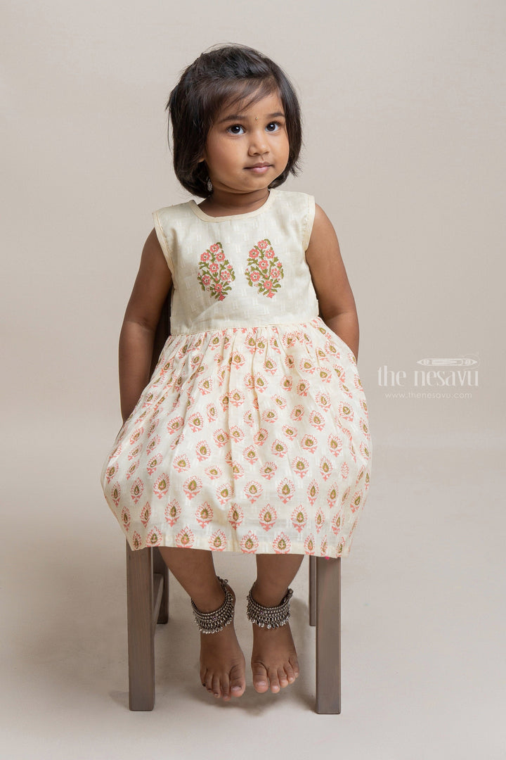 The Nesavu Frocks & Dresses Pretty Beige Butta Hand Block Printed Sleeveless Cotton Frock For Girls psr silks Nesavu