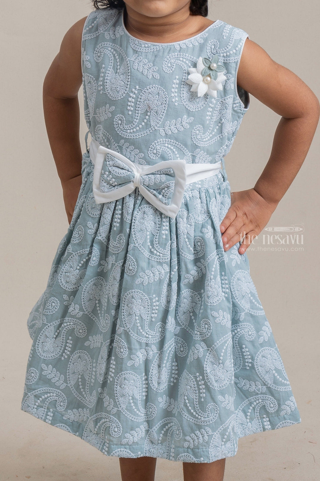 The Nesavu Frocks & Dresses Pretty Paiseley Embroidered Sleeveless Blue Cotton Frock For Little Girls psr silks Nesavu