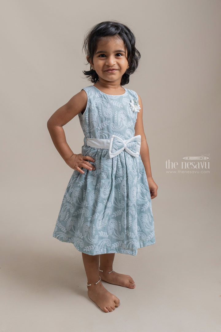 The Nesavu Frocks & Dresses Pretty Paiseley Embroidered Sleeveless Blue Cotton Frock For Little Girls psr silks Nesavu