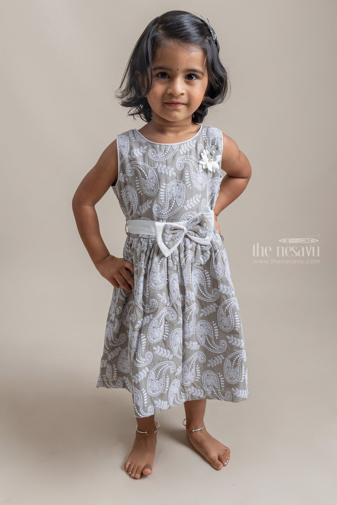 The Nesavu Frocks & Dresses Pretty Paiseley Embroidered Sleeveless Gray Cotton Frock For Little Girls psr silks Nesavu 14 (6M) / Gray GFC1030B