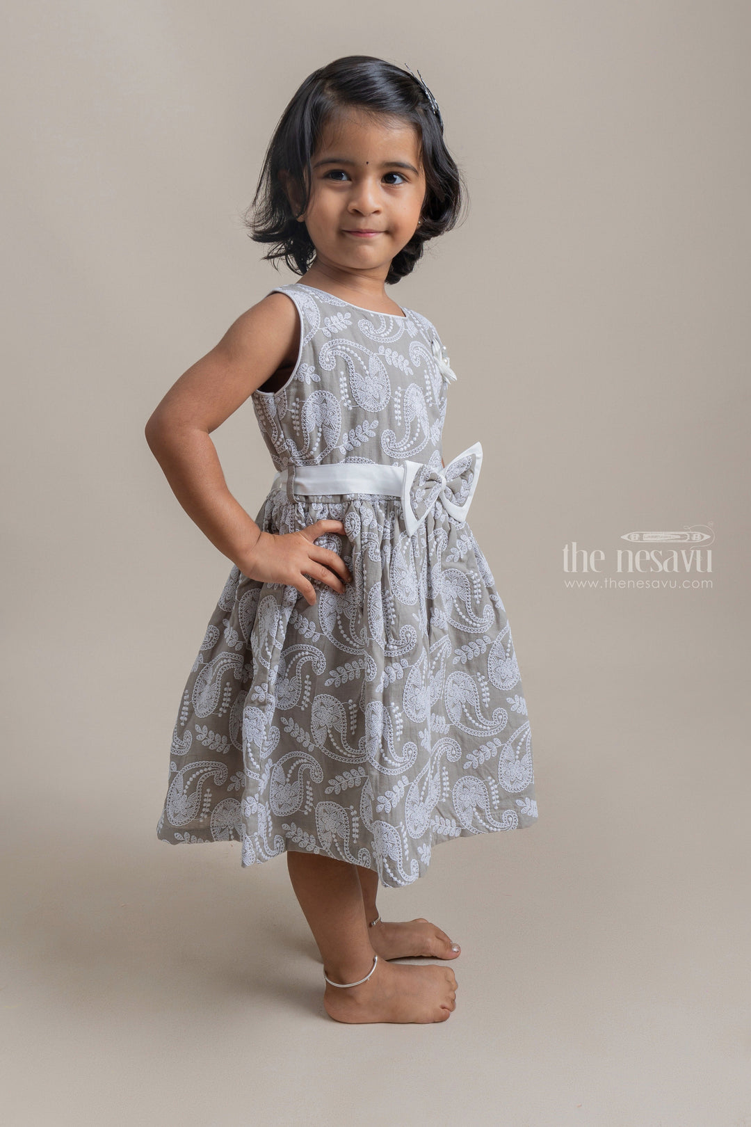 The Nesavu Frocks & Dresses Pretty Paiseley Embroidered Sleeveless Gray Cotton Frock For Little Girls psr silks Nesavu