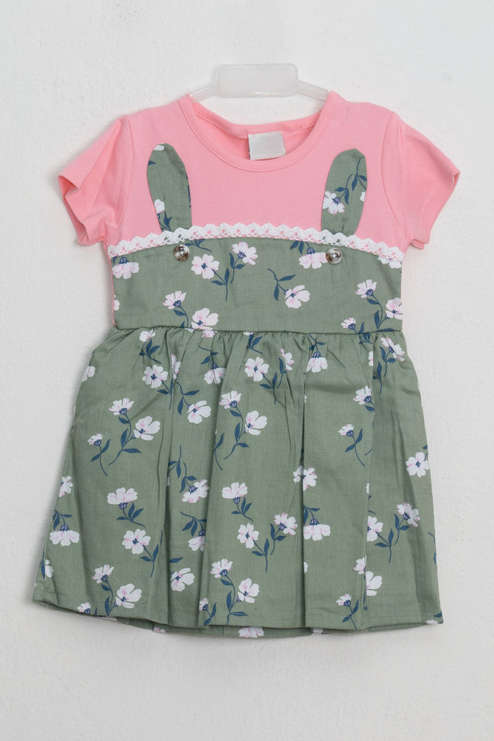 The Nesavu Baby Frock / Jhabla Pretty Salmon Pink And Olive Green Floral Printed Bunny Pattern Cotton Frock psr silks Nesavu 14 (6M) / Green BFJ373A