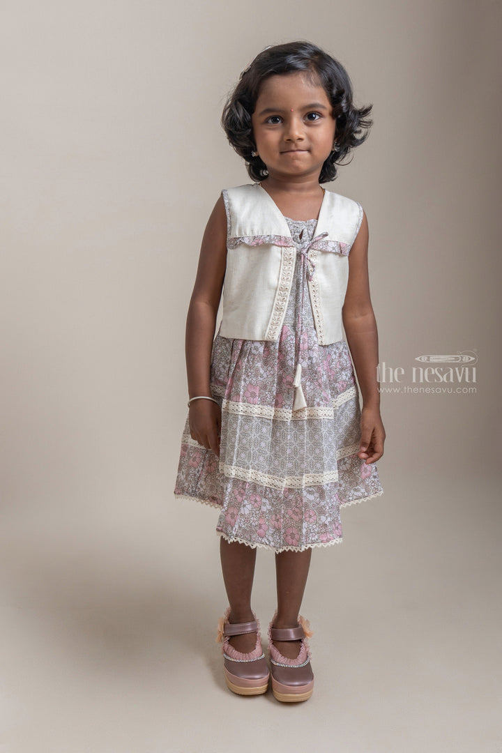 The Nesavu Baby Frock / Jhabla Pretty Salmon Pink Floral Printed Sleeveless Girls Cotton Frock With Beige Over Coat psr silks Nesavu 14 (6M) / Beige BFJ364A