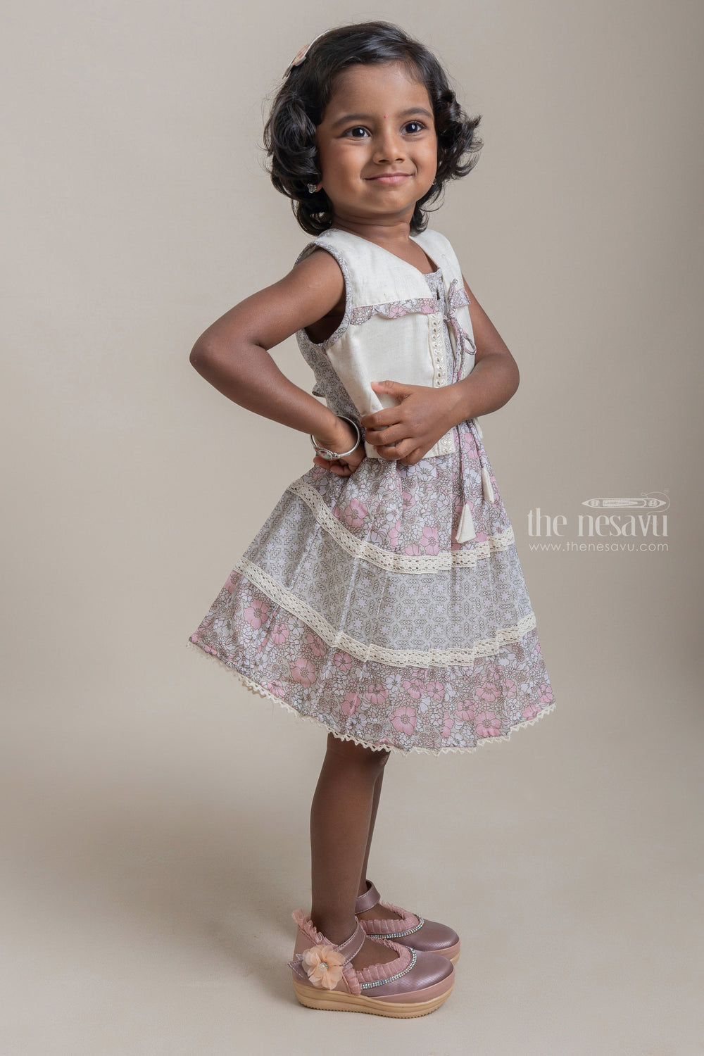 The Nesavu Baby Frock / Jhabla Pretty Salmon Pink Floral Printed Sleeveless Girls Cotton Frock With Beige Over Coat psr silks Nesavu
