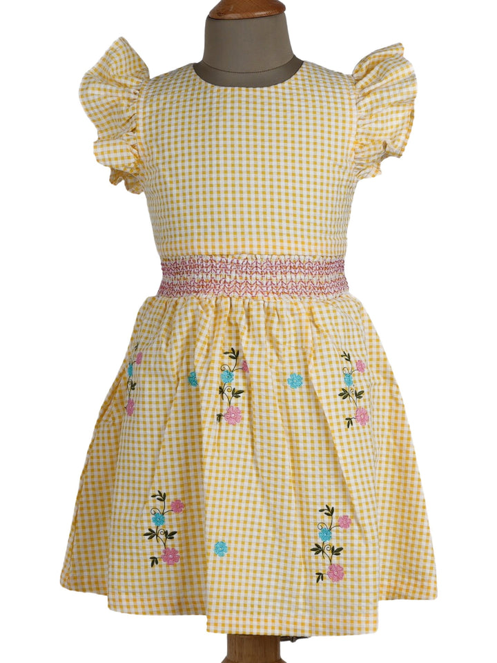 The Nesavu Frocks & Dresses Pretty Yellow Cotton Dress With Lace Embellishments With Flutter Sleeve psr silks Nesavu 16 (1Y-2Y) / Yellow GFC491