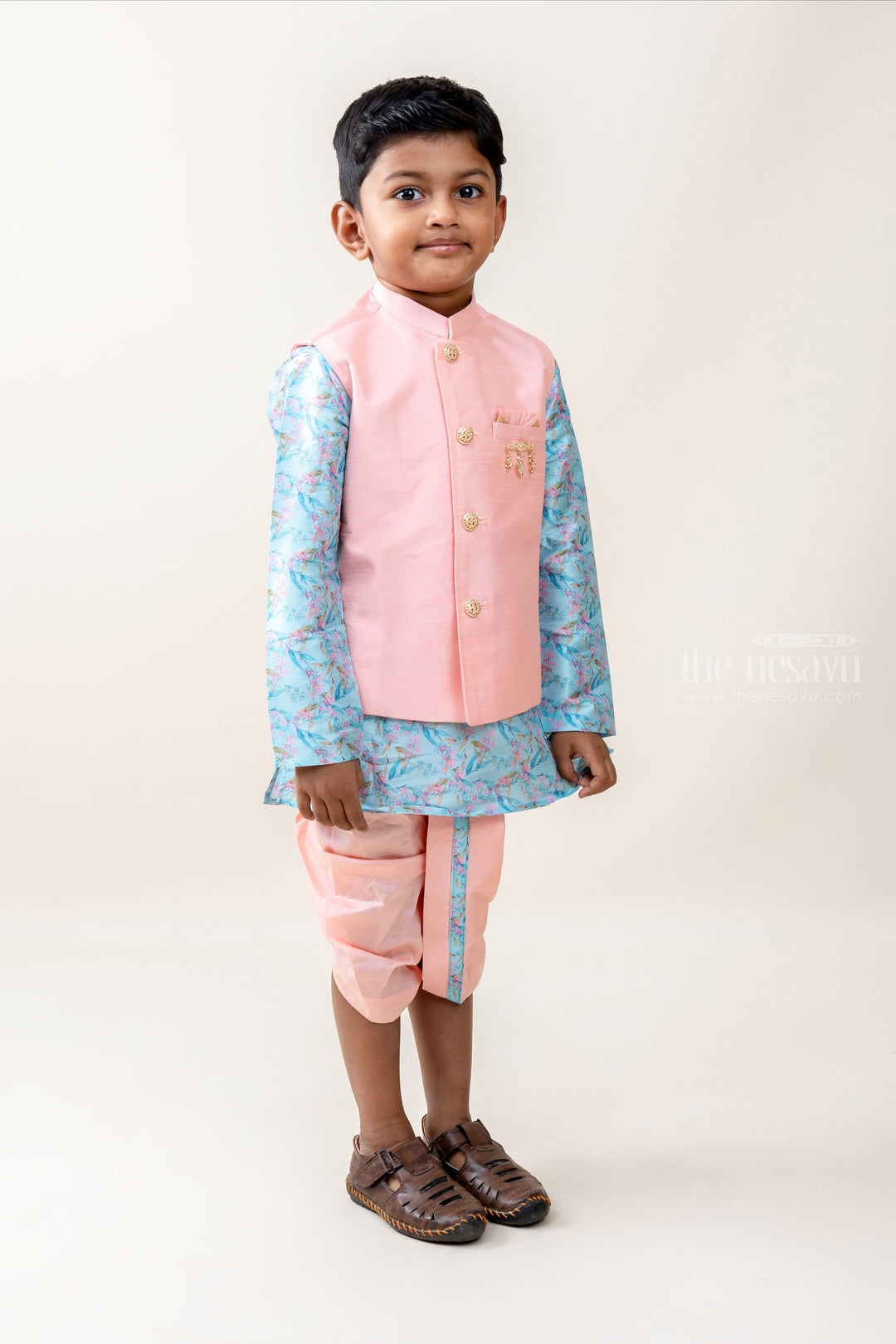 The Nesavu Ethnic Sets Prince Blaster - Lively Three Piece Kurta Set With Overcoat For Lil' Champs psr silks Nesavu 14 (6M) / DeepSkyBlue BES244