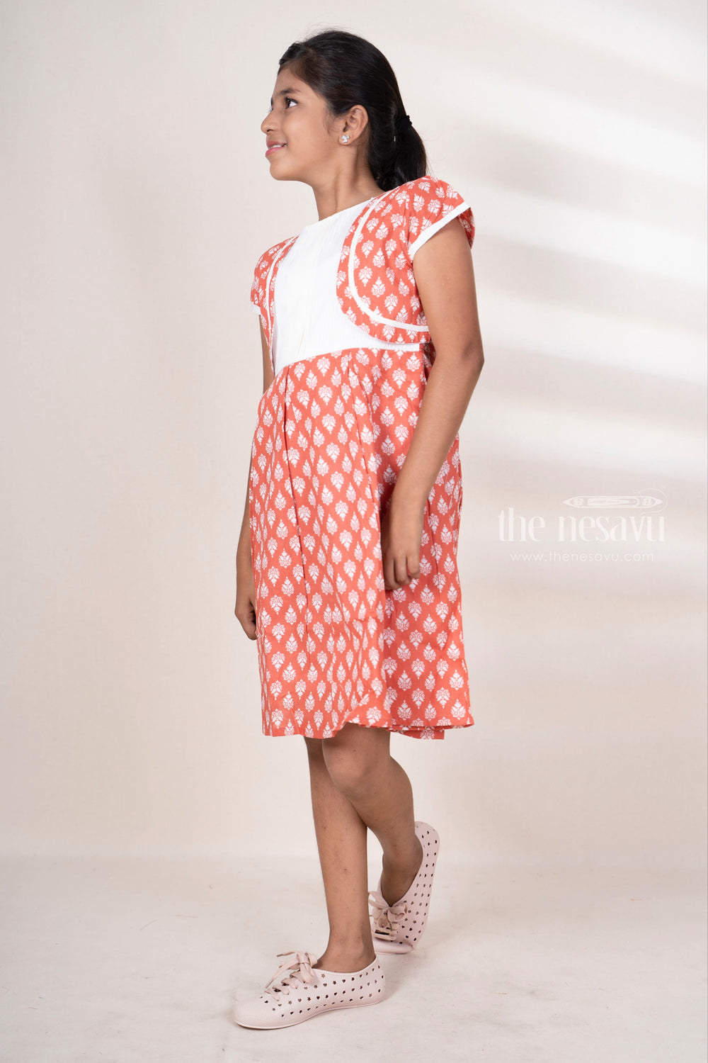 The Nesavu Frocks & Dresses Printed Soft Cotton Box Pleated Frock For Baby Girls With Overcoat psr silks Nesavu