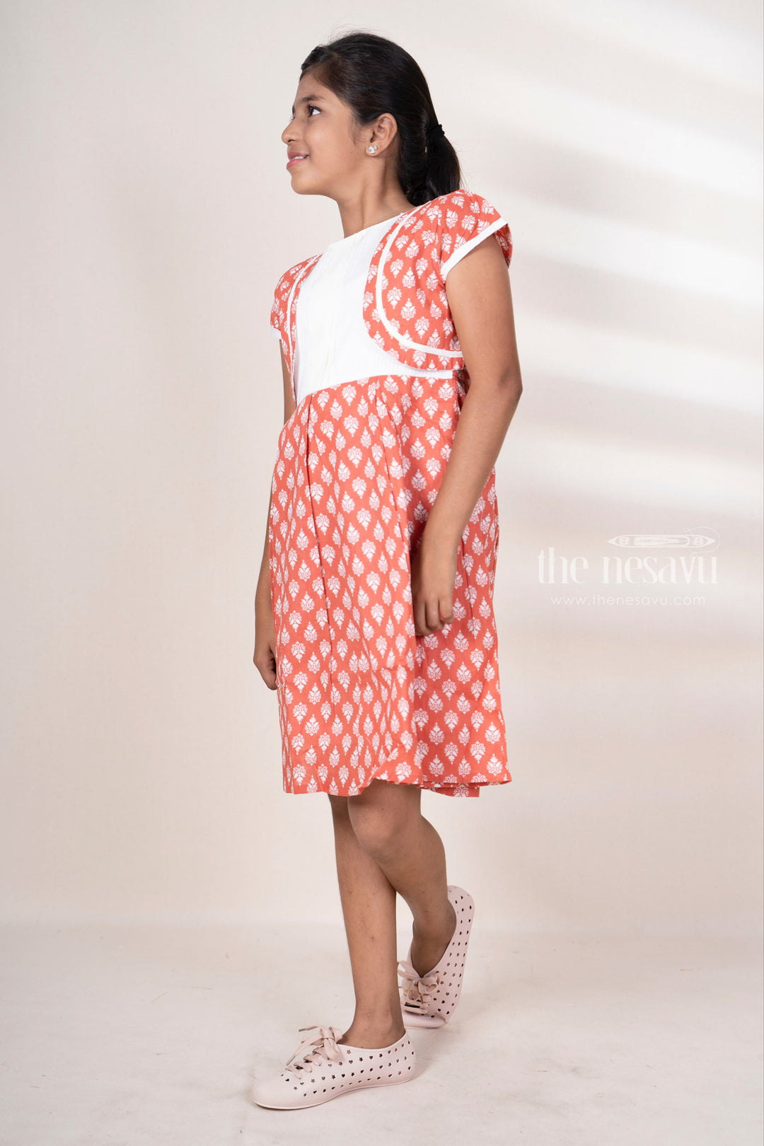 The Nesavu Frocks & Dresses Printed Soft Cotton Box Pleated Frock For Baby Girls With Overcoat psr silks Nesavu