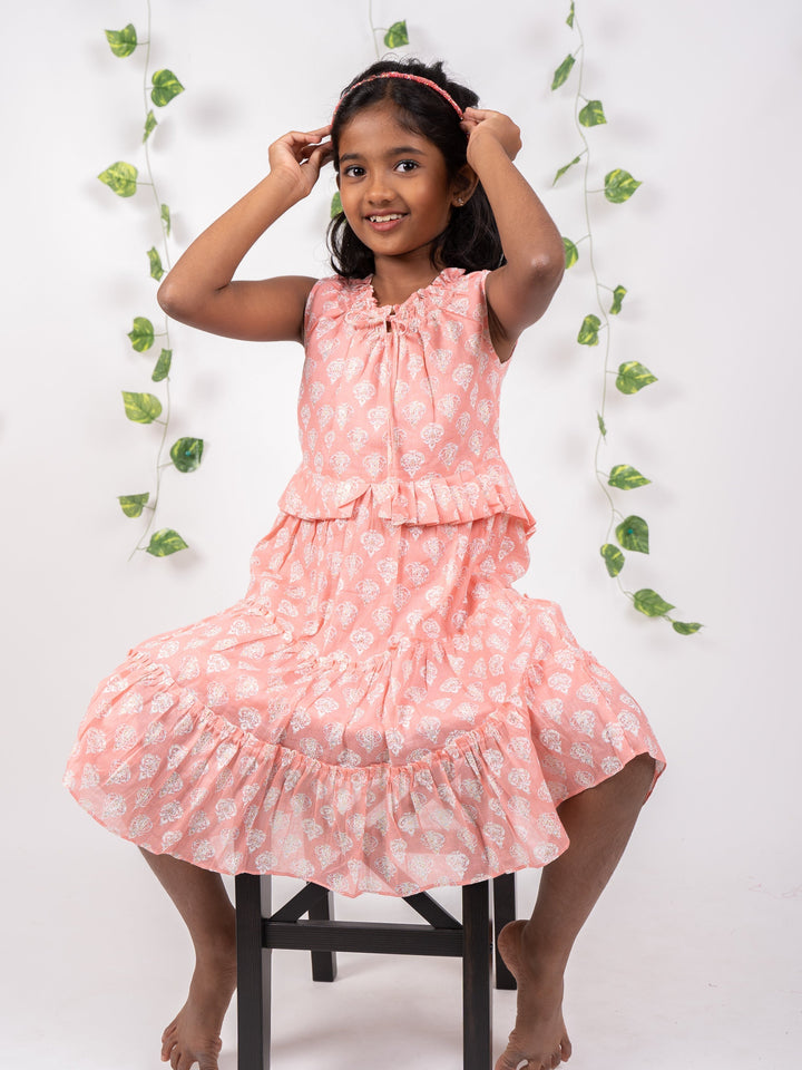 The Nesavu Frocks & Dresses Printed Soft Cotton Gown For Baby Girls With Designer Neck psr silks Nesavu 16 (1Y ) / Salmon GFC737