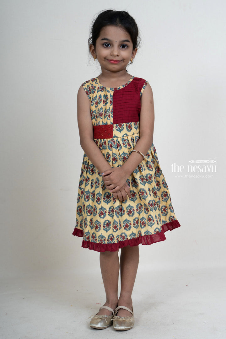 The Nesavu Frocks & Dresses Printed Soft Jaipuri Cotton Gown With Ruffled Hemline For Baby Girls psr silks Nesavu 14 (6M) / DarkRed GFC923A
