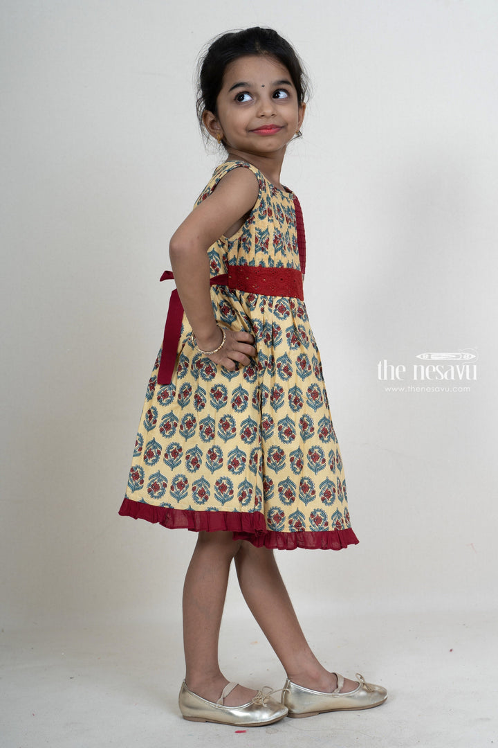 The Nesavu Frocks & Dresses Printed Soft Jaipuri Cotton Gown With Ruffled Hemline For Baby Girls psr silks Nesavu