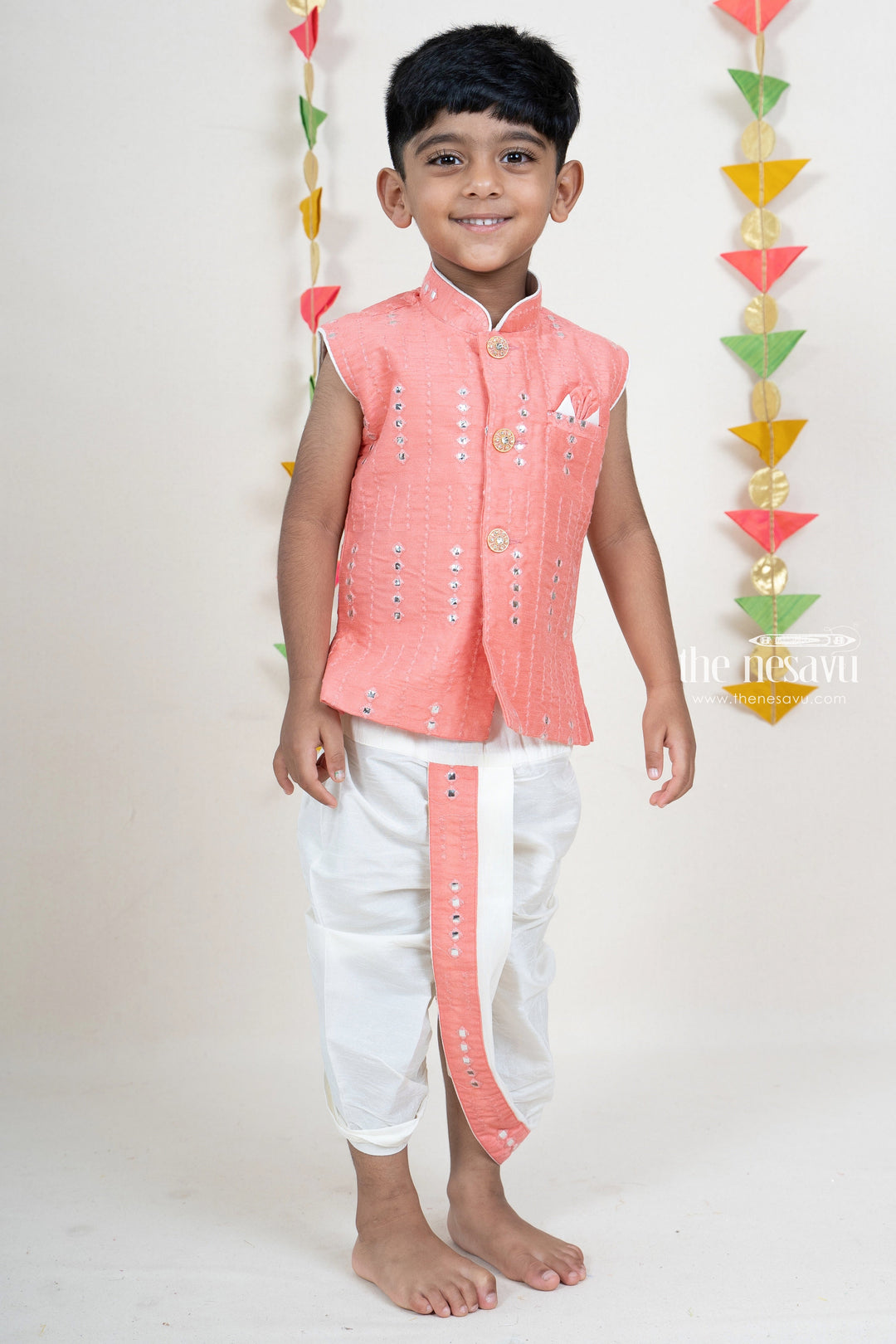 The Nesavu Ethnic Sets Punch Pink Embroidery Dhoti Pant Festive Wear Kurta For Baby Boys psr silks Nesavu 12 (3M) / Salmon BES216B