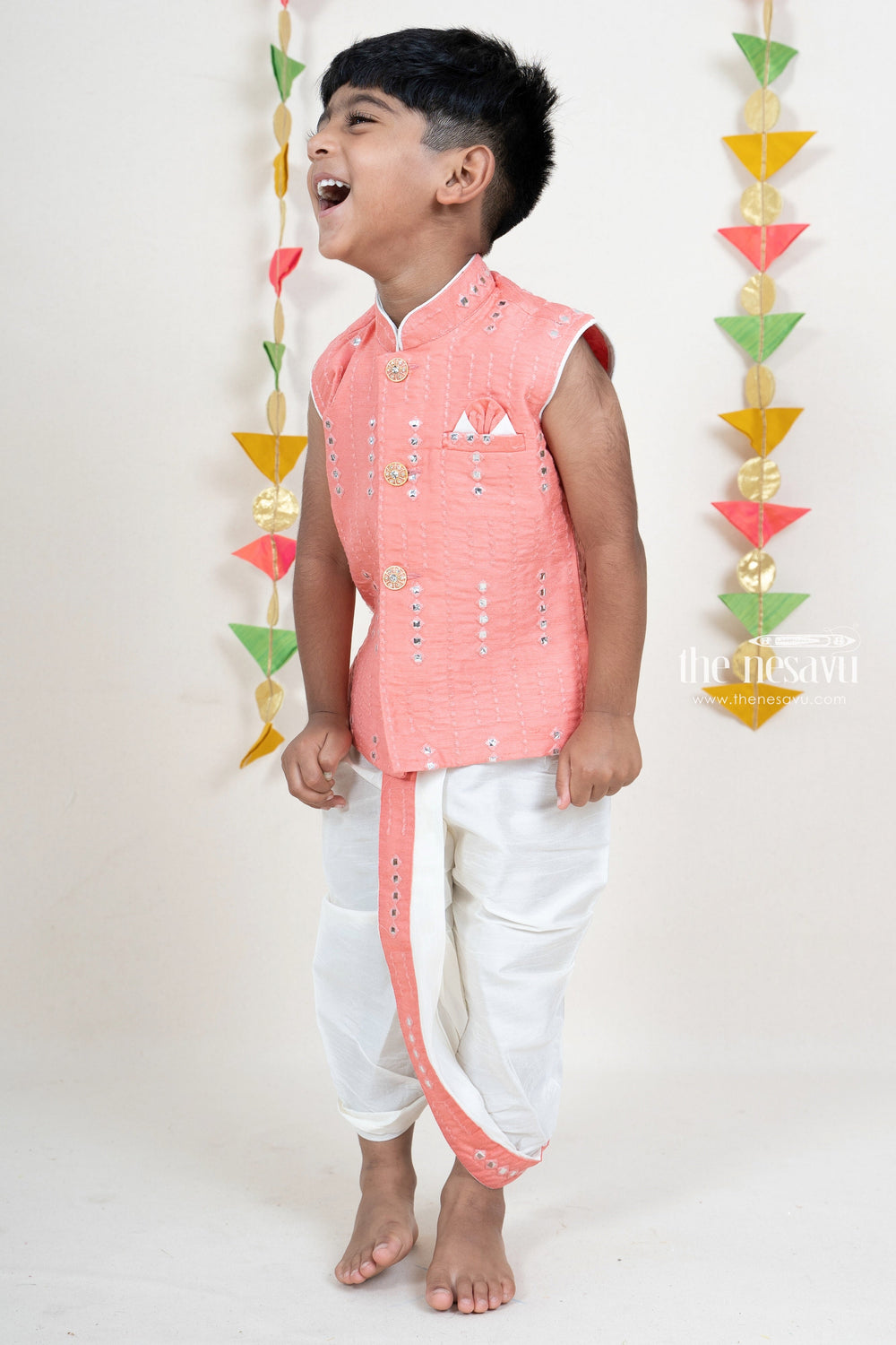 The Nesavu Ethnic Sets Punch Pink Embroidery Dhoti Pant Festive Wear Kurta For Baby Boys psr silks Nesavu