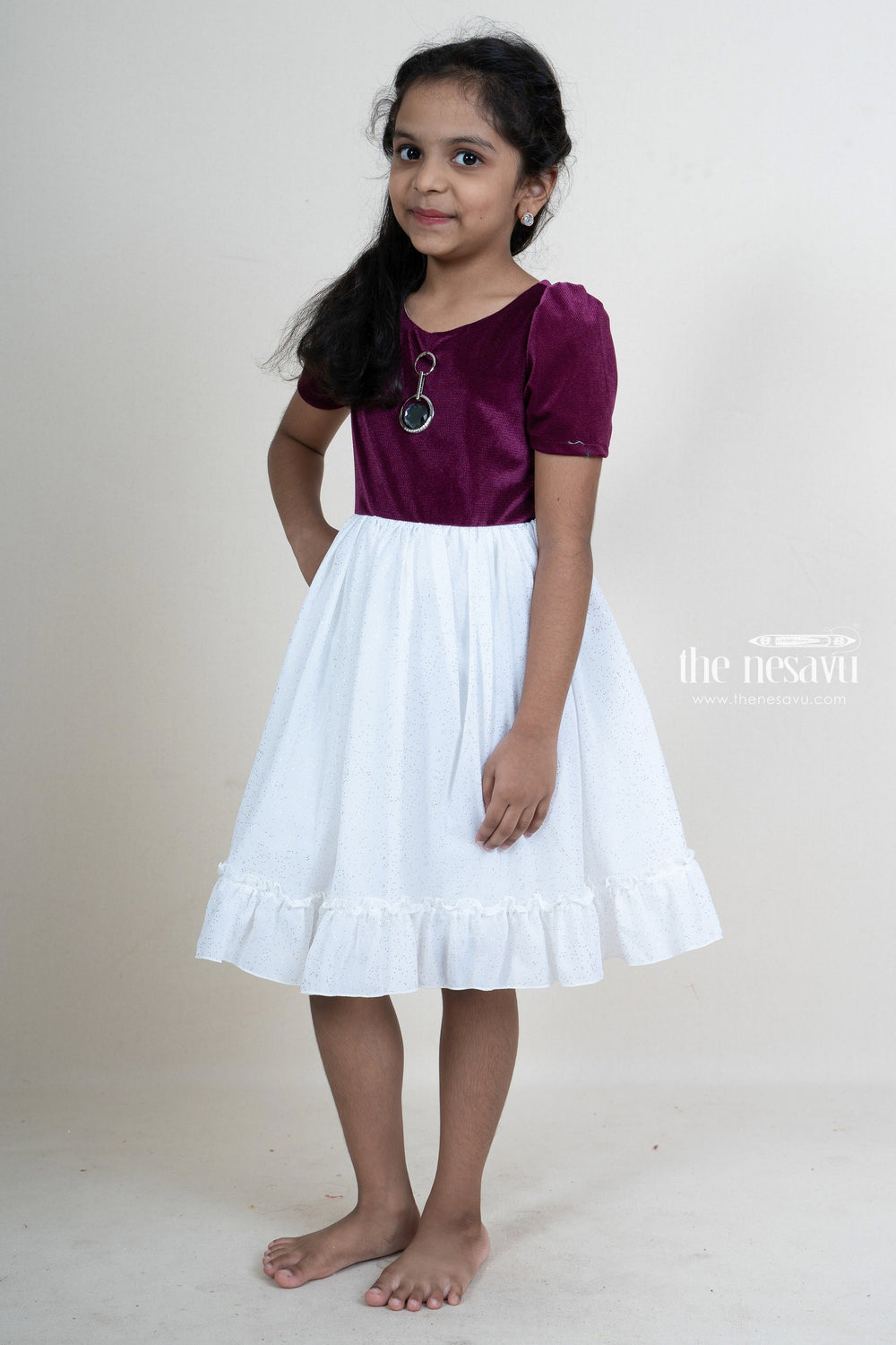 The Nesavu Party Frock Purple Velvet Yoke With White Glittering Dresses For Baby Girls psr silks Nesavu