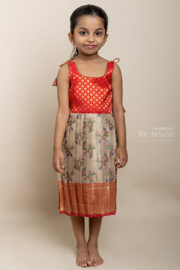 The Nesavu Tie-up Frock Racy Bright Red With Floral Printed Brocade Designer Tie-Up Frocks For Girls psr silks Nesavu 12 (3M) / Orange T265A