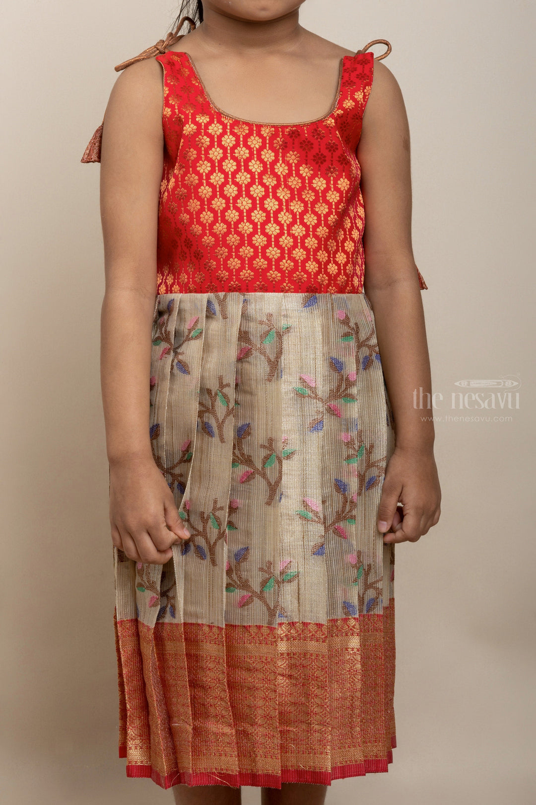 The Nesavu Tie-up Frock Racy Bright Red With Floral Printed Brocade Designer Tie-Up Frocks For Girls psr silks Nesavu