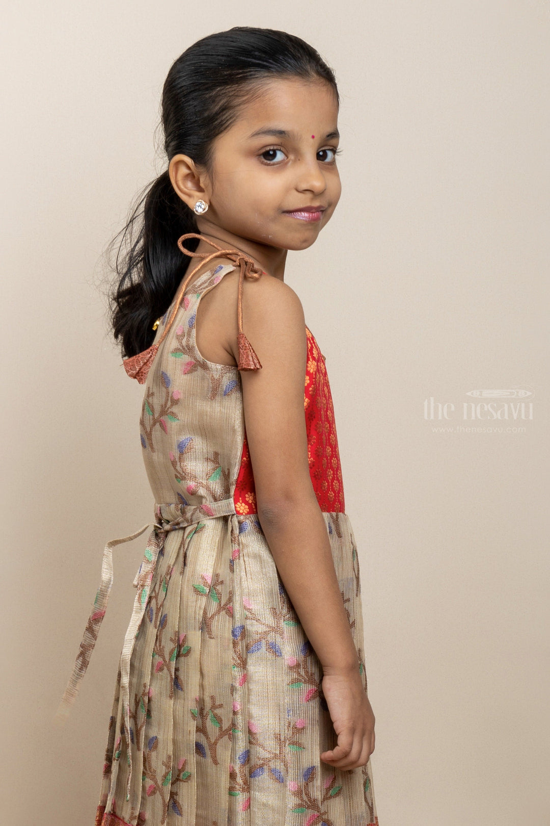 The Nesavu Tie-up Frock Racy Bright Red With Floral Printed Brocade Designer Tie-Up Frocks For Girls psr silks Nesavu