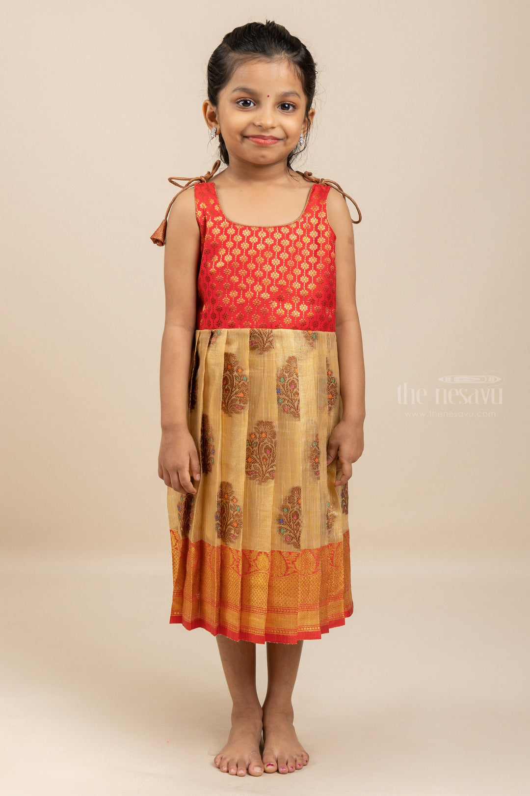The Nesavu Tie-up Frock Radiant Red And Half-White Brocade Printed Designer Tie-Up Frocks For Girls psr silks Nesavu 12 (3M) / Red T264A