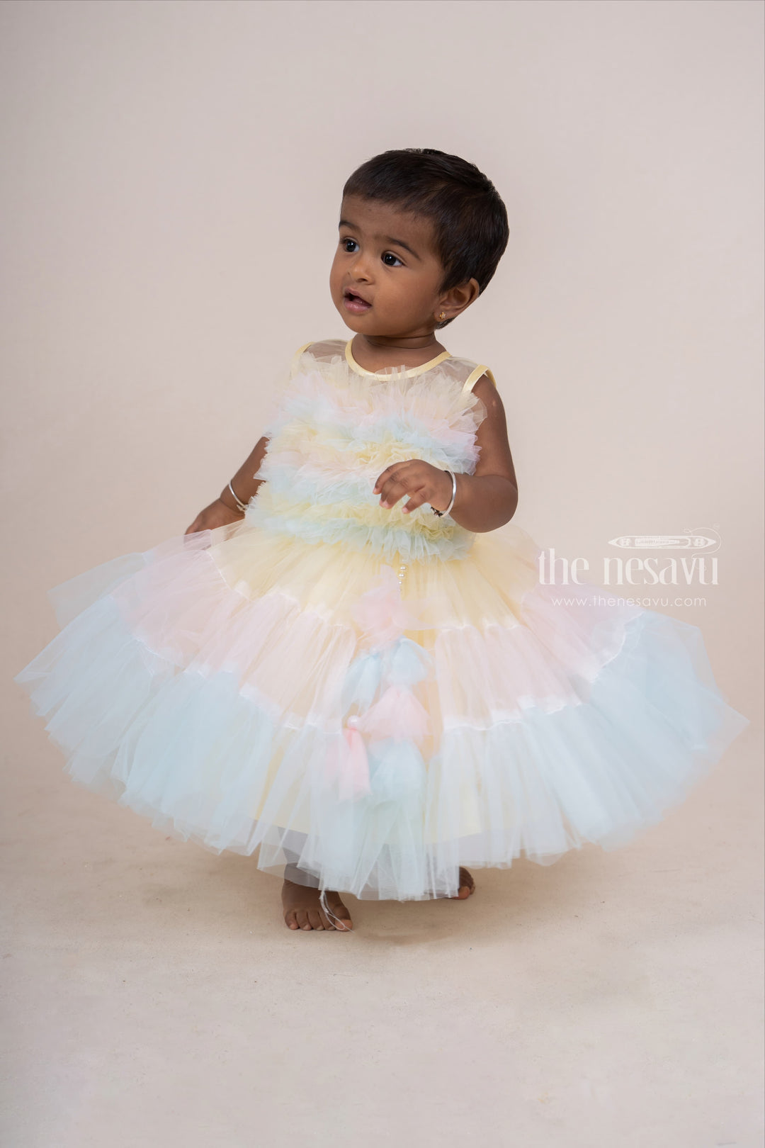 The Nesavu Party Frock Rainbow Designer Soft Net Party Wear Frock For Infant Girls psr silks Nesavu 16 (1Y) / Multicolor PF52A