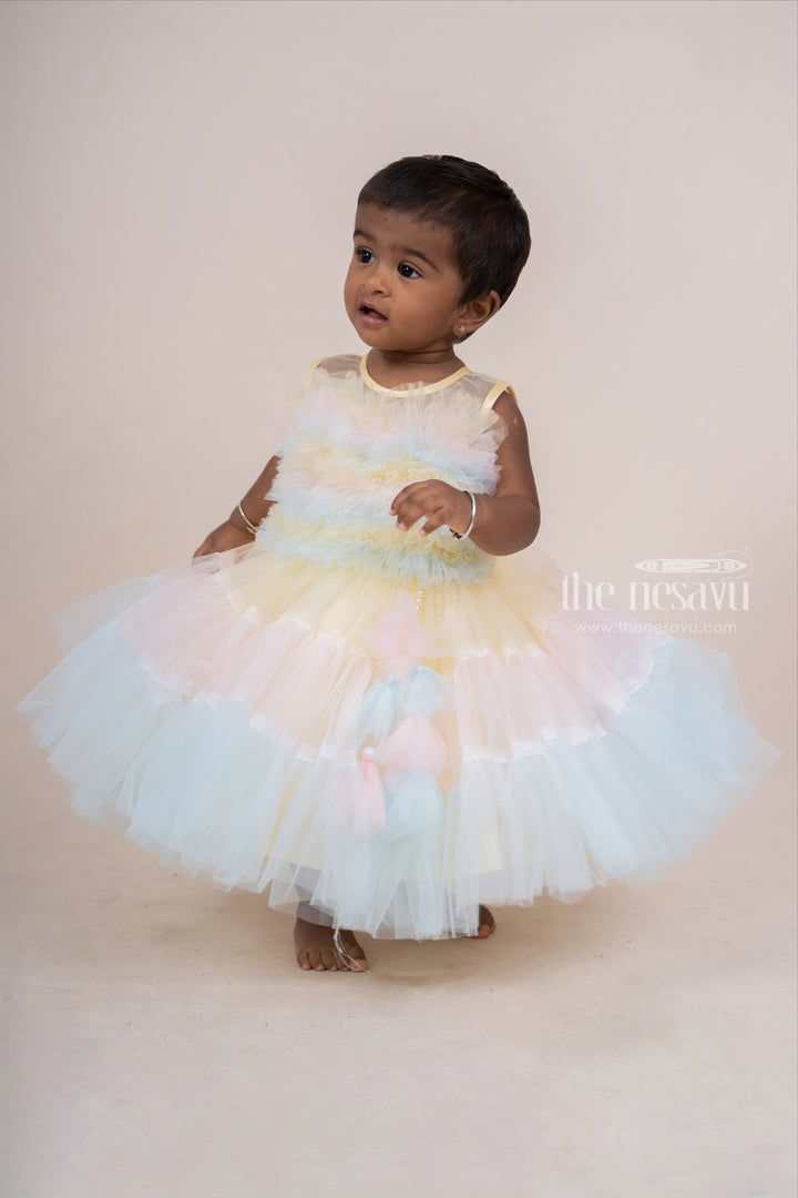 The Nesavu Party Frock Rainbow Designer Soft Net Party Wear Frock For Infant Girls psr silks Nesavu 16 (1Y) / Multicolor PF52A