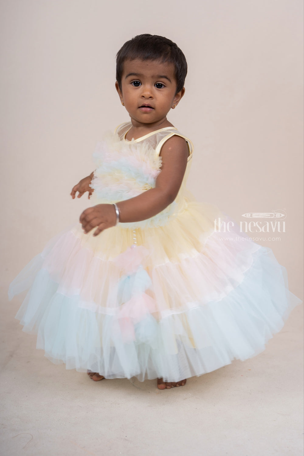 The Nesavu Party Frock Rainbow Designer Soft Net Party Wear Frock For Infant Girls psr silks Nesavu