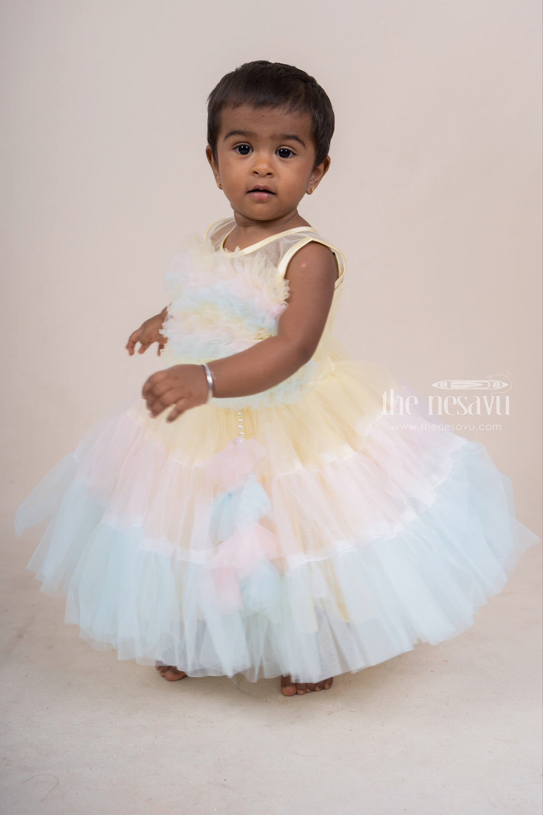 The Nesavu Party Frock Rainbow Designer Soft Net Party Wear Frock For Infant Girls psr silks Nesavu