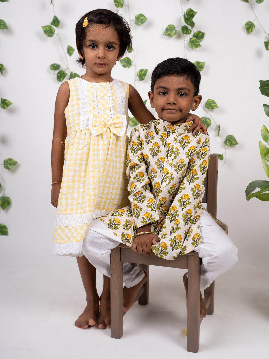 The Nesavu  Raksha Bandhan Combo Set Handloom Dobby Cotton Frock and Floral Kurta Set in Collar Style psr silks Nesavu