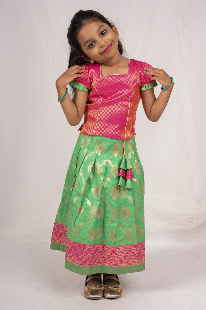 The Nesavu Pattu Pavadai Ramar Green Silk Skirt Attached Brocade Silk Puff Sleeve Blouse For Baby Girls psr silks Nesavu 14 (6M) / greenyellow GPP245B