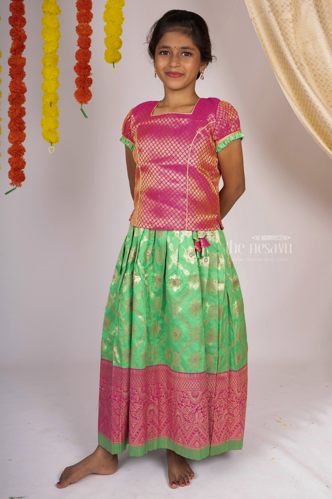 The Nesavu Pattu Pavadai Ramar Green Silk Skirt Attached Brocade Silk Puff Sleeve Blouse For Baby Girls psr silks Nesavu 14 (6M) / Limegreen GPP244A