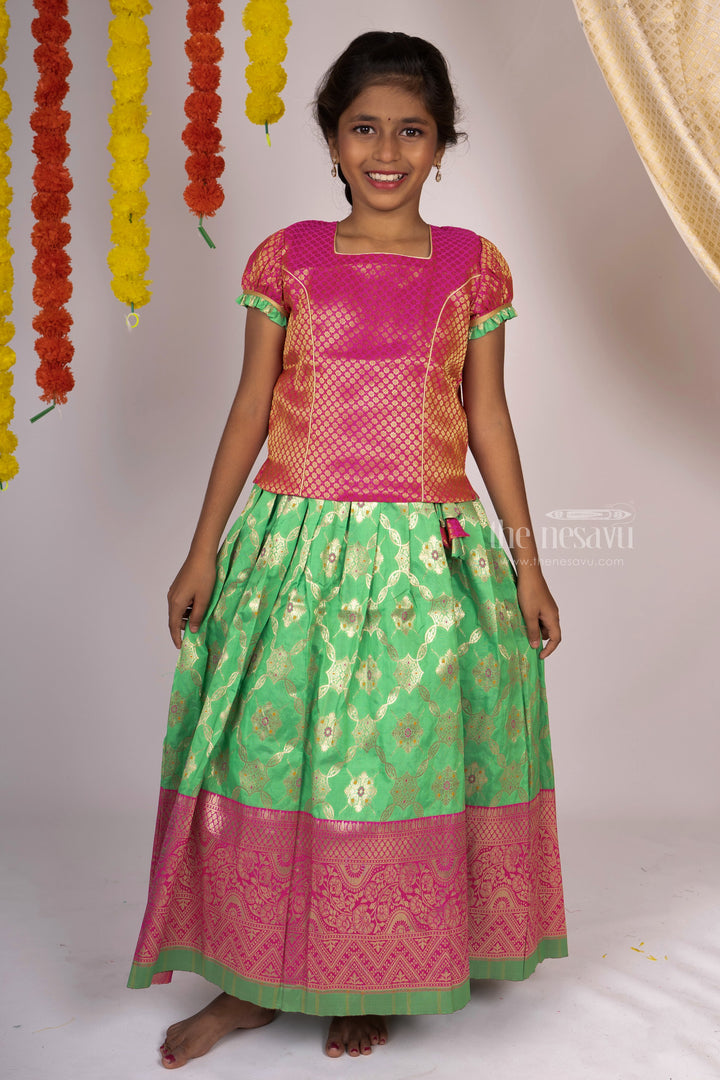 The Nesavu Pattu Pavadai Ramar Green Silk Skirt Attached Brocade Silk Puff Sleeve Blouse For Baby Girls psr silks Nesavu