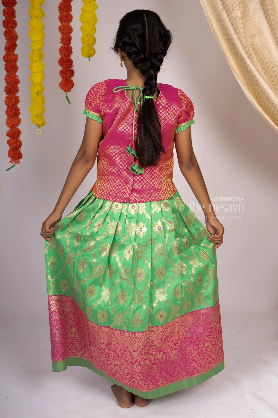 The Nesavu Pattu Pavadai Ramar Green Silk Skirt Attached Brocade Silk Puff Sleeve Blouse For Baby Girls psr silks Nesavu