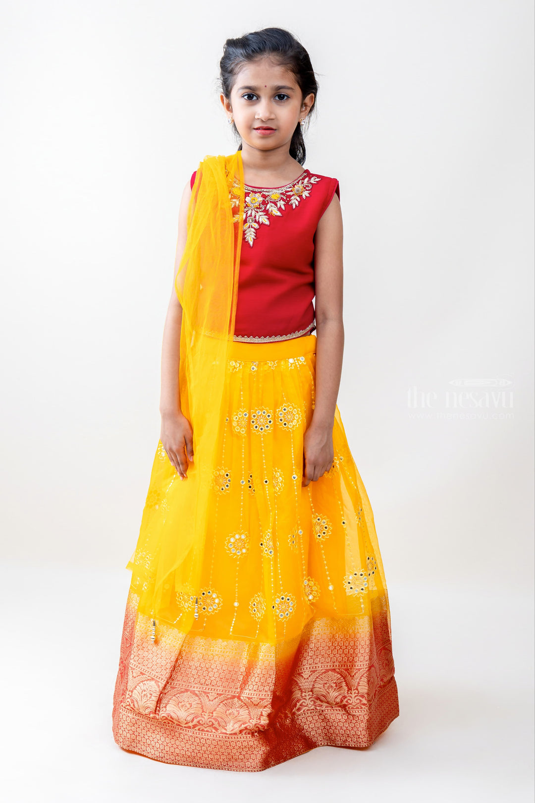 The Nesavu Lehenga & Ghagra Ravishing Princess - Neck-only Embroidery Red Crop Top With Yellow Skirt And Pink Border psr silks Nesavu 16 (1Y ) / Red GL295A