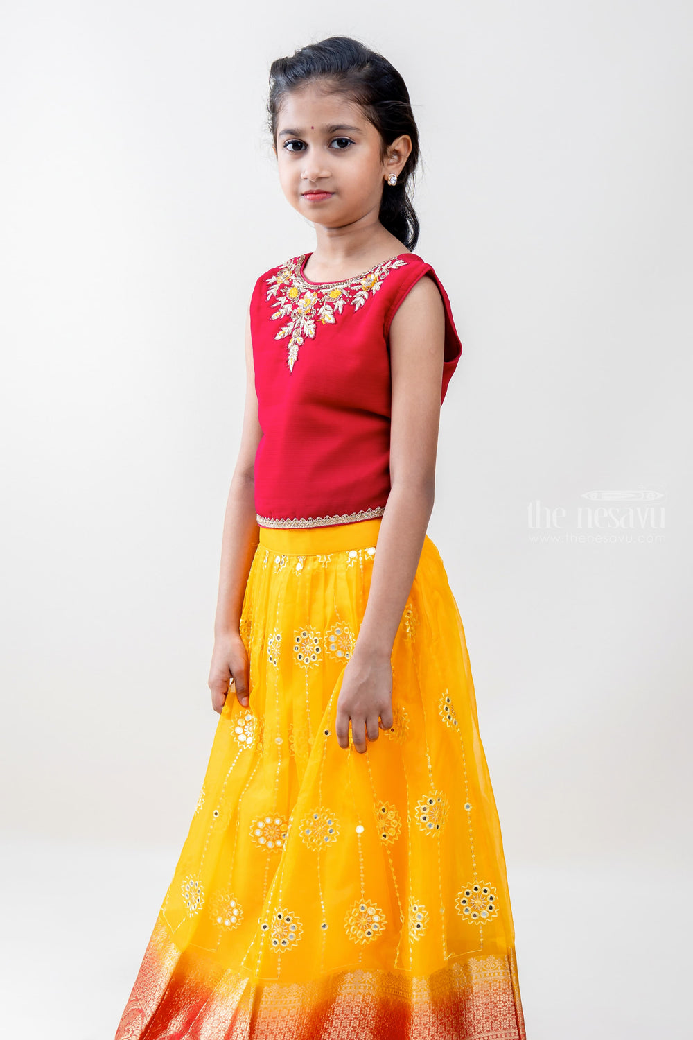 The Nesavu Lehenga & Ghagra Ravishing Princess - Neck-only Embroidery Red Crop Top With Yellow Skirt And Pink Border psr silks Nesavu