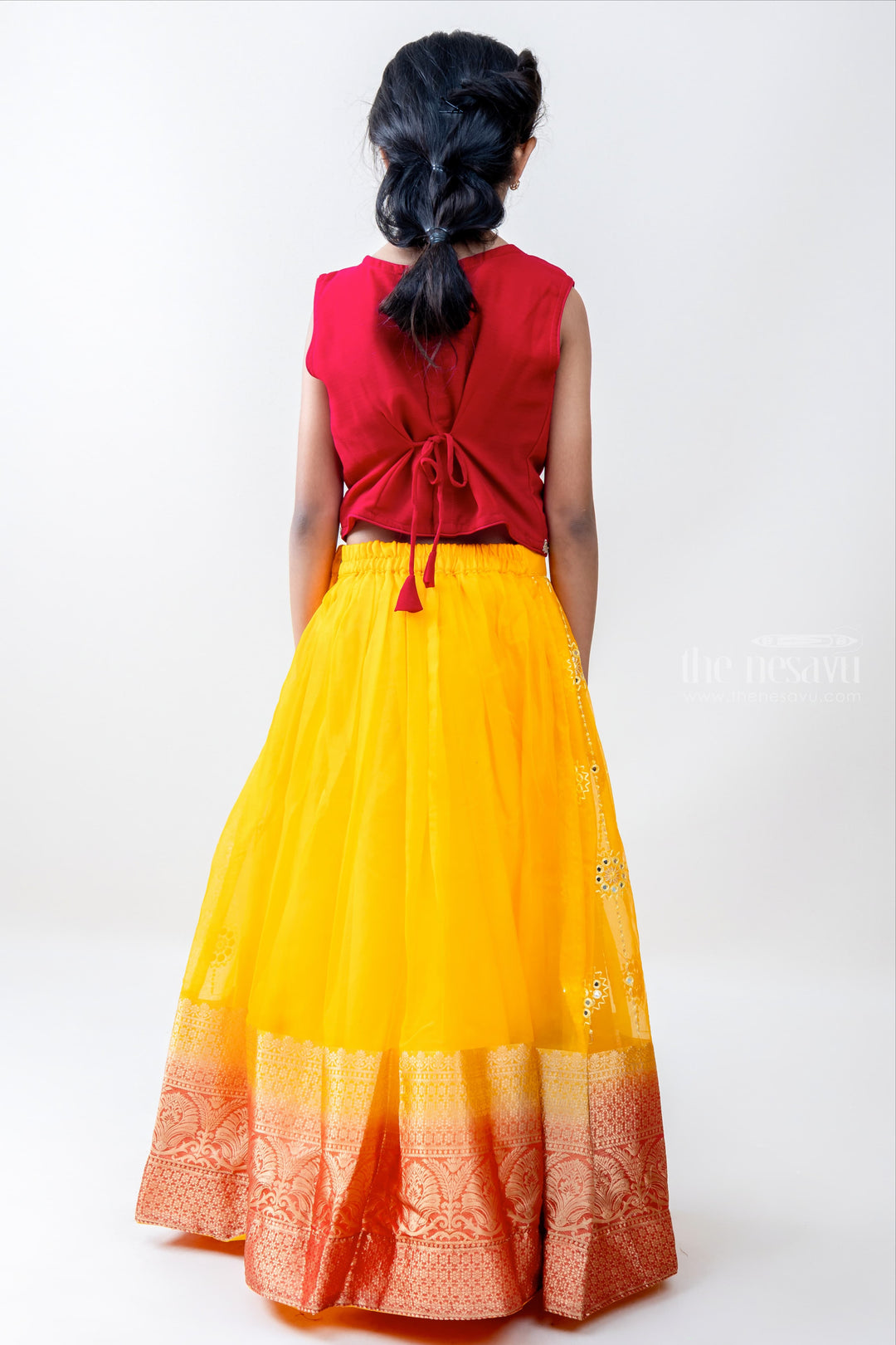 Ravishing Princess - Neck-only Embroidery Red Crop Top With Yellow Ski –  The Nesavu