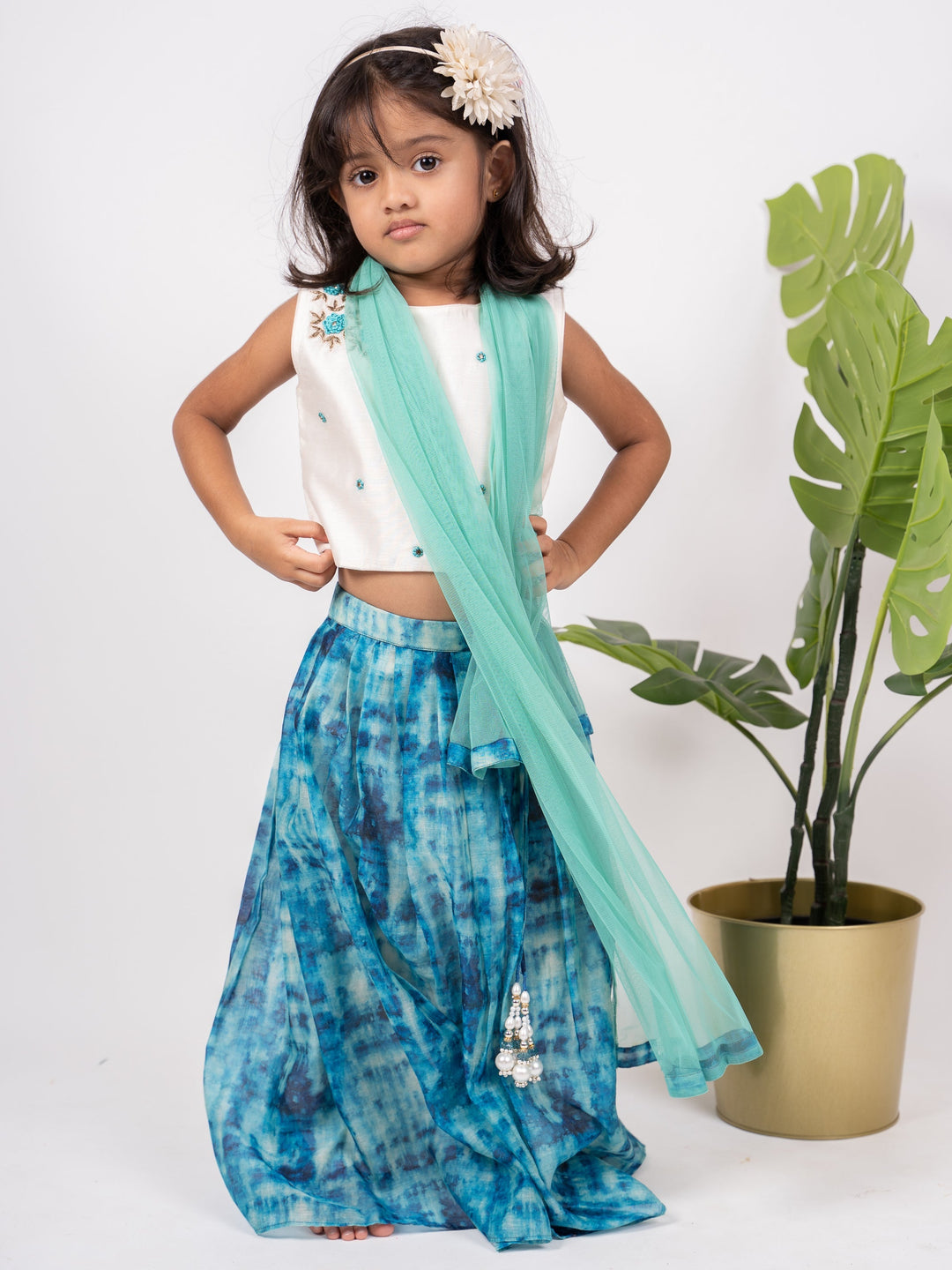 The Nesavu Pattu Pavadai Readymade Langa Dress With Latest Embroidery Crop Top And Dupatta psr silks Nesavu 16 (1Y-2Y) / Cyan GPP211
