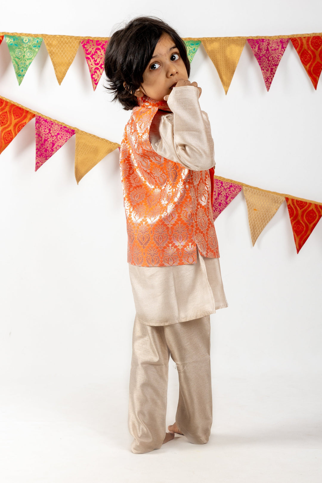 The Nesavu Ethnic Sets Readymade Silk Cotton Kurta With Brocade Orange Jacket For Boys psr silks Nesavu 14 (6M) / Red BES166