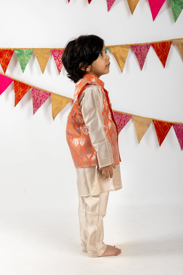 The Nesavu Ethnic Sets Readymade Silk Cotton Kurta With Brocade Orange Jacket For Boys psr silks Nesavu