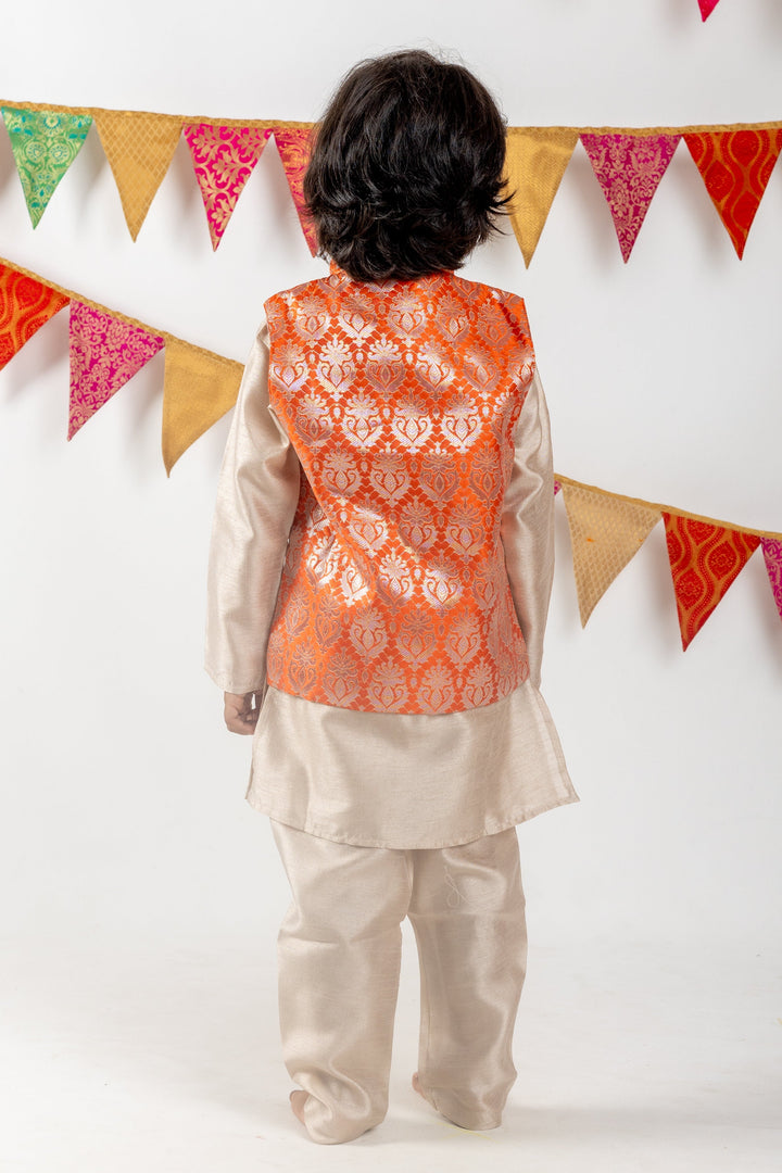 The Nesavu Ethnic Sets Readymade Silk Cotton Kurta With Brocade Orange Jacket For Boys psr silks Nesavu