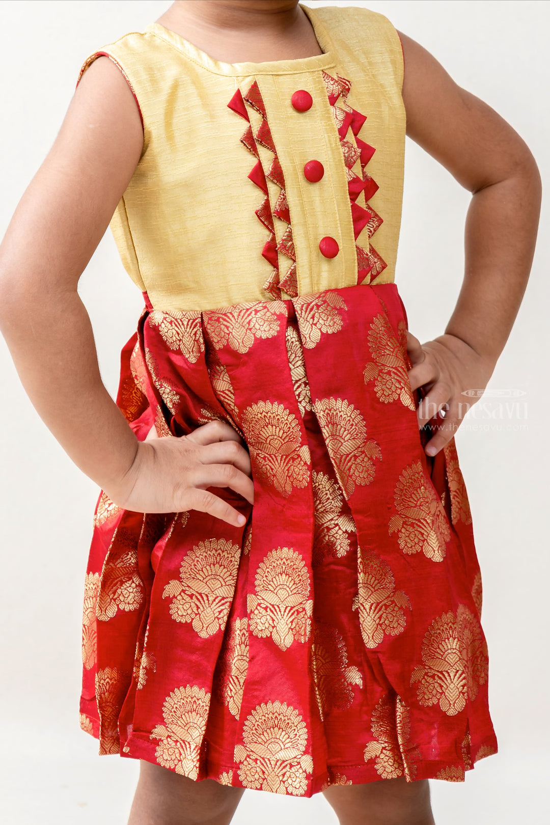 The Nesavu Silk frocks Red Banarasi Jacquard Silk Frocks With Designer Yoke psr silks Nesavu