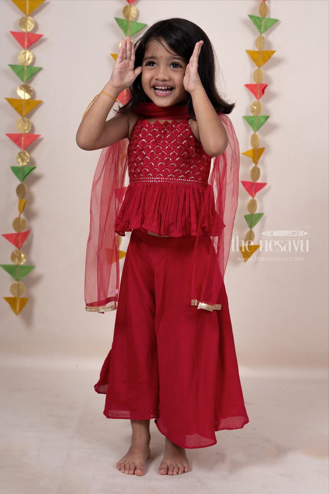 The Nesavu Sets & Suits Red Designer Tunic Sequenced Top With Palazzo Pant For Girl Kids psr silks Nesavu 18 (2Y) / red GPS079