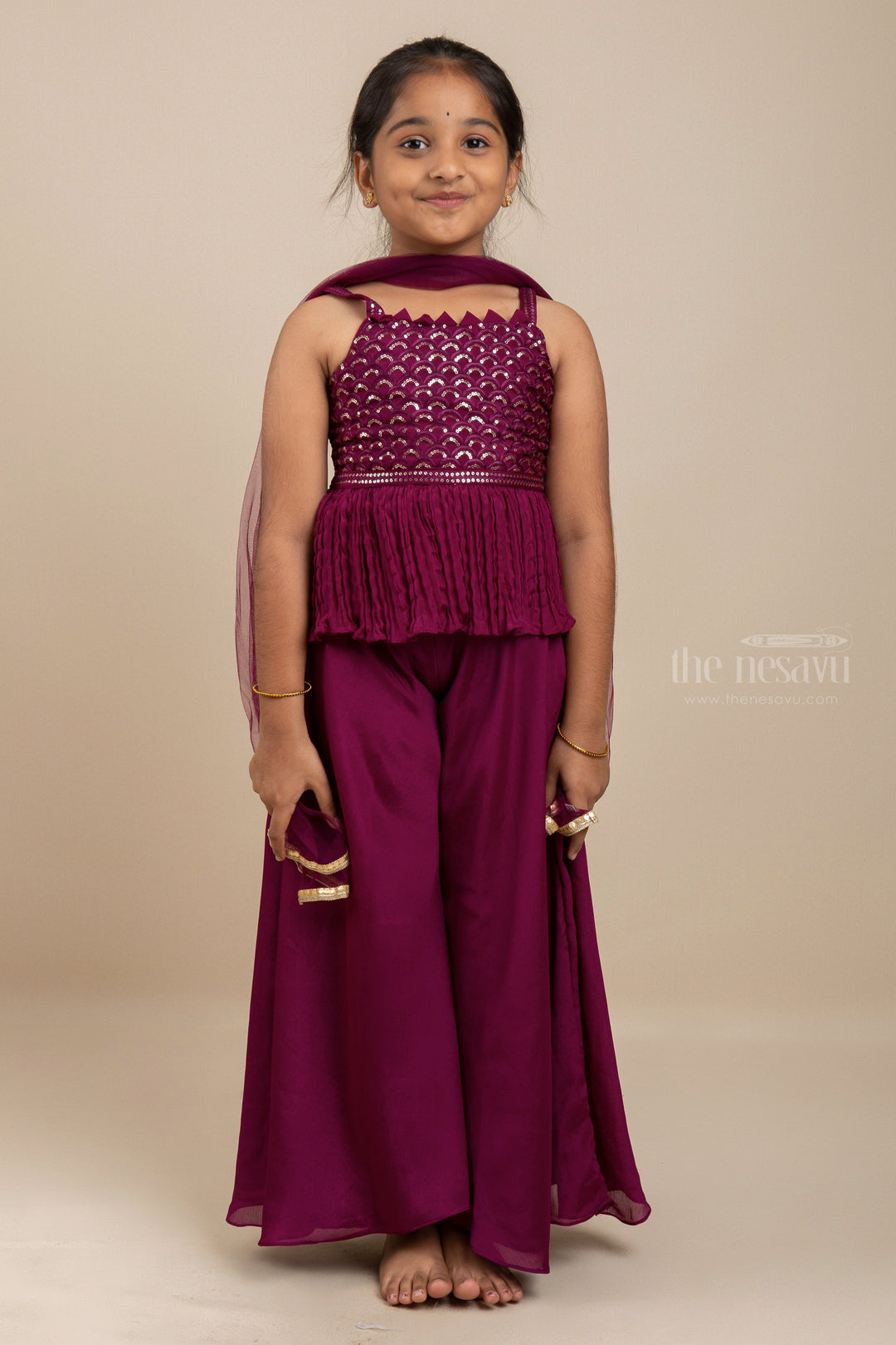 The Nesavu Sets & Suits Red Designer Tunic Sequenced Top With Palazzo Pant For Girl Kids psr silks Nesavu 18 (2Y) / Red GPS079B