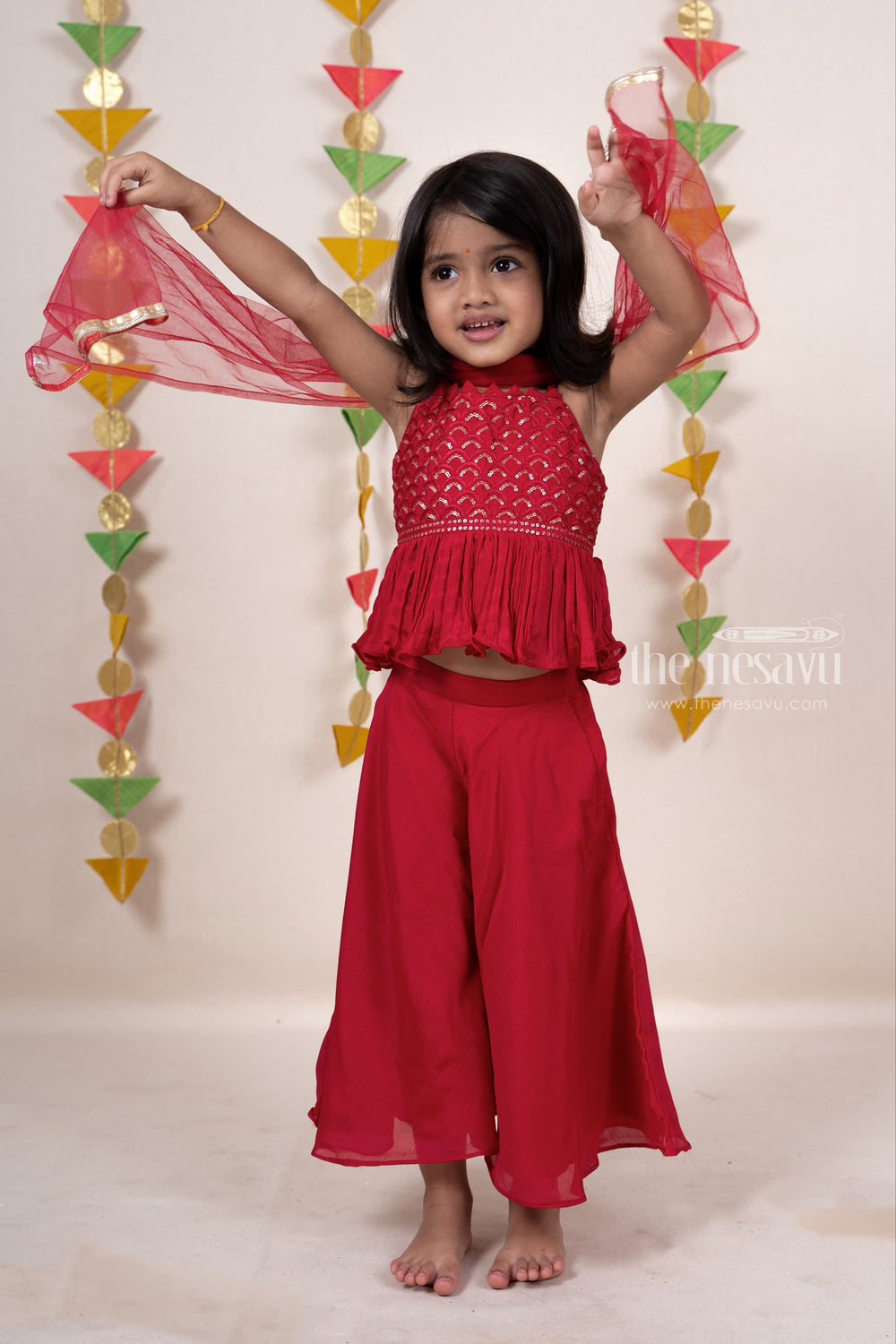 The Nesavu Sets & Suits Red Designer Tunic Sequenced Top With Palazzo Pant For Girl Kids psr silks Nesavu