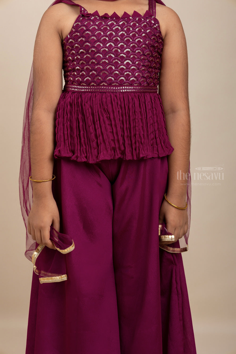 The Nesavu Sets & Suits Red Designer Tunic Sequenced Top With Palazzo Pant For Girl Kids psr silks Nesavu