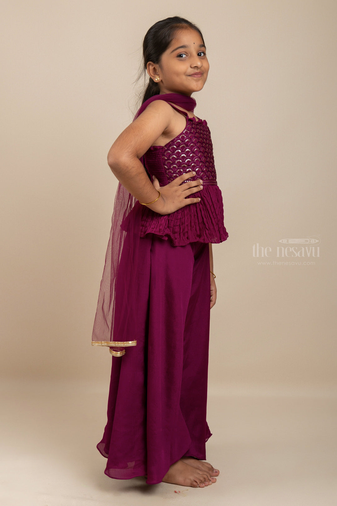 The Nesavu Sets & Suits Red Designer Tunic Sequenced Top With Palazzo Pant For Girl Kids psr silks Nesavu