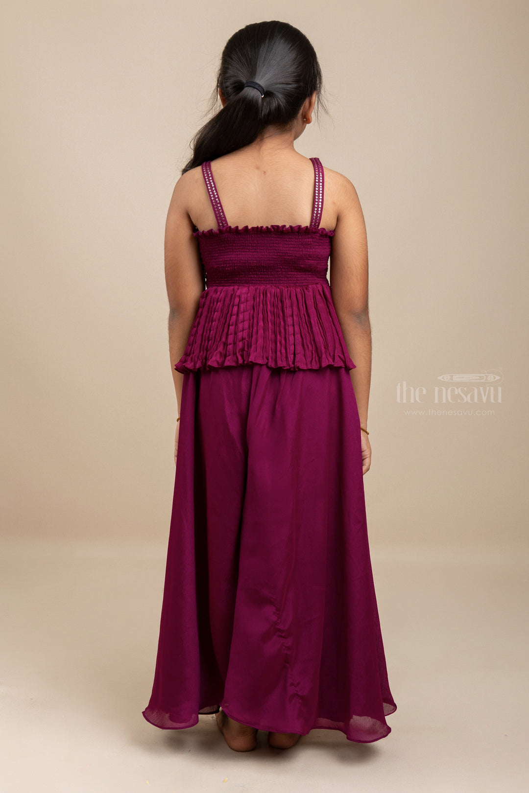 The Nesavu Sets & Suits Red Designer Tunic Sequenced Top With Palazzo Pant For Girl Kids psr silks Nesavu