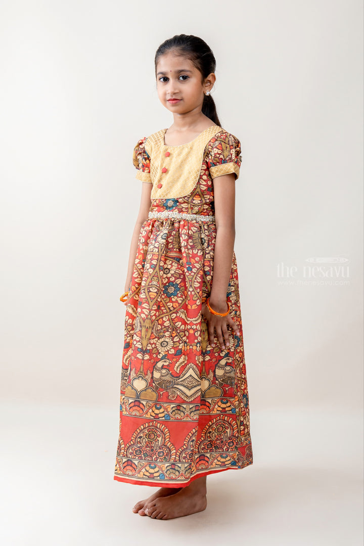 The Nesavu Kids Anarkali Red Kalamkari Silk Cotton Anarkali Frock For Baby Girls With Fabric Embellishments psr silks Nesavu