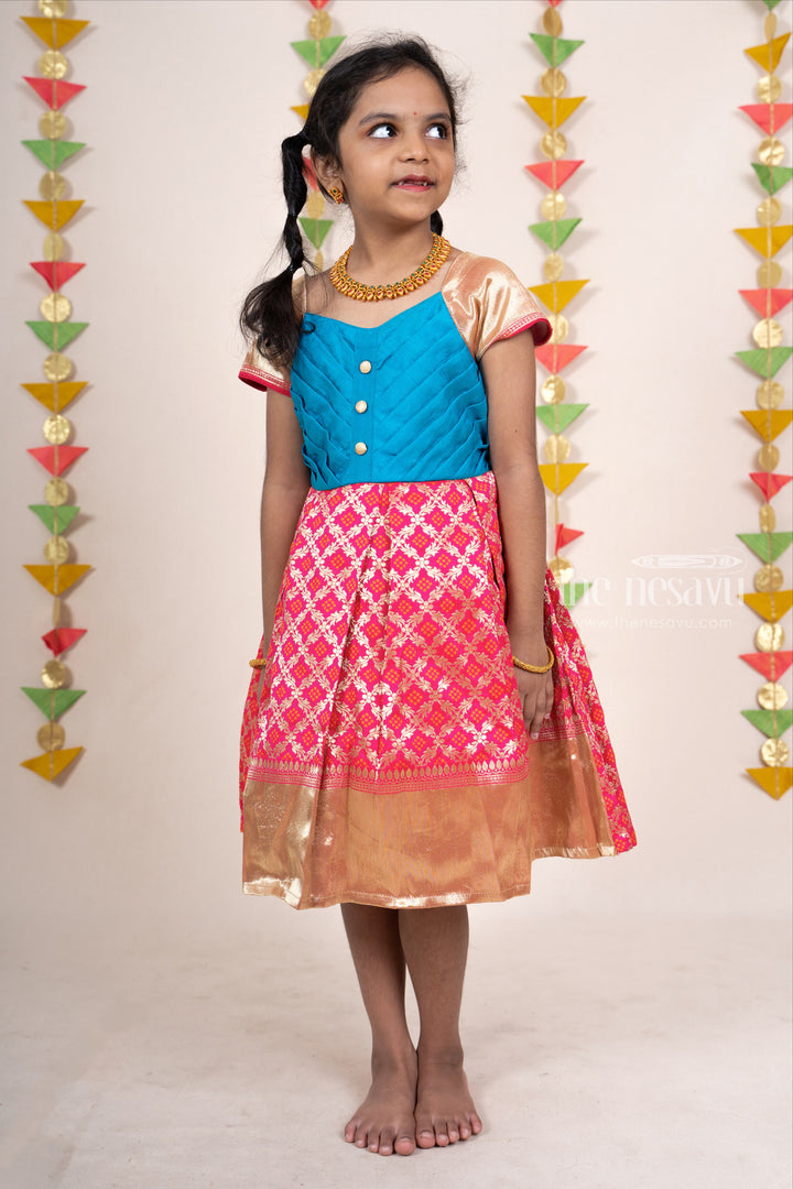 The Nesavu Silk Frocks Red Pleated Yoke Designer Silk Cotton Frock For Baby Girls psr silks Nesavu