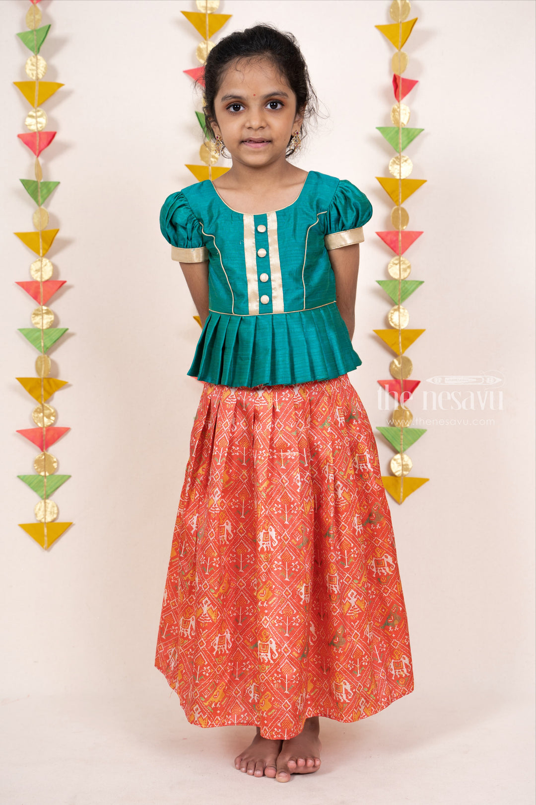 The Nesavu Pattu Pavadai Red With Green Traditional Silk Printed Pattu Pavada Sattai For Girls Kids psr silks Nesavu 16 (1Y) / Red GPP232
