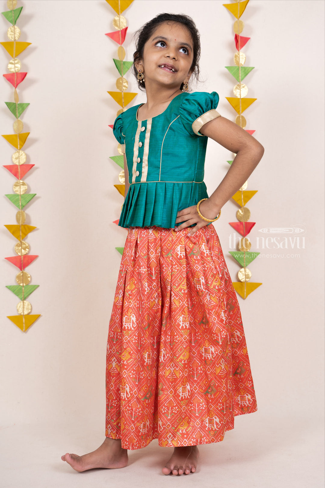 The Nesavu Pattu Pavadai Red With Green Traditional Silk Printed Pattu Pavada Sattai For Girls Kids psr silks Nesavu