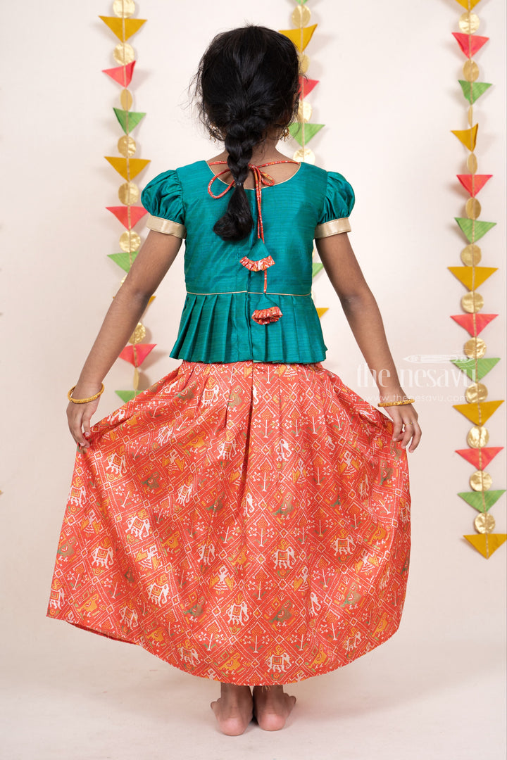 The Nesavu Pattu Pavadai Red With Green Traditional Silk Printed Pattu Pavada Sattai For Girls Kids psr silks Nesavu